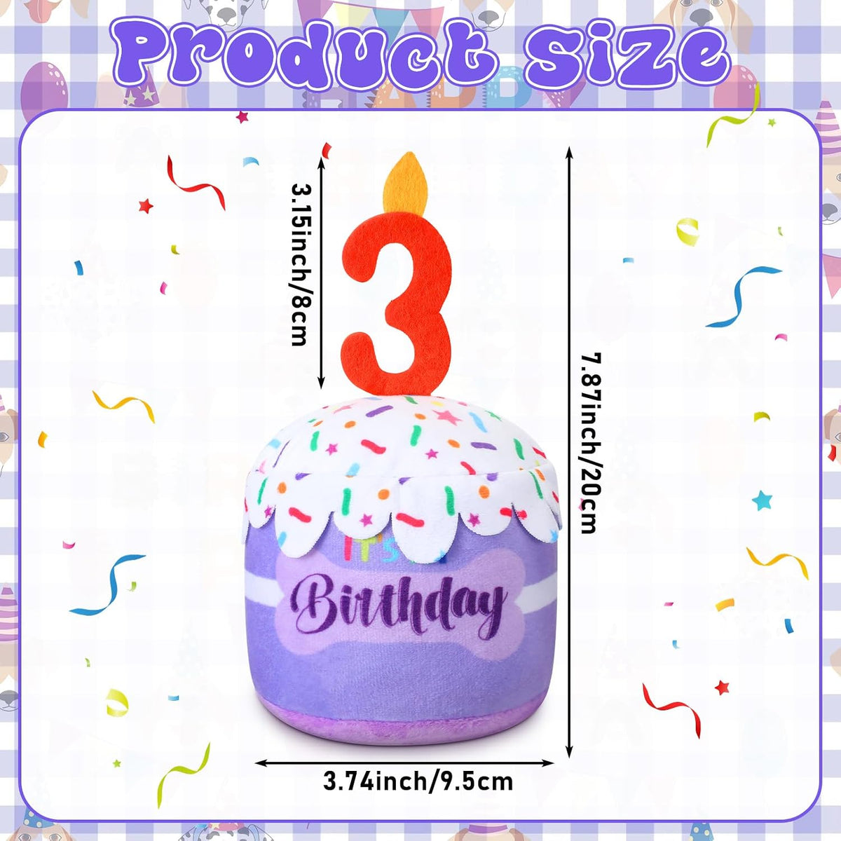 Dansydaisy Dog Birthday Cake Toy Squeaky Plush Gift,3rd,Purple | Interactive Squeaky Gift for Dogs, Dog Birthday Decor , Soft Chew for Small Medium Large Pets, Cake Design with Candle