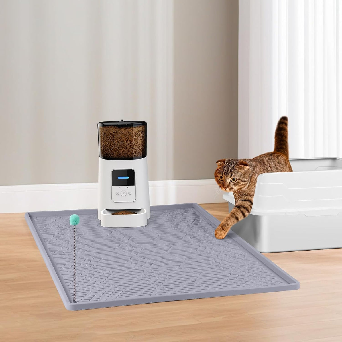 Silicone Cat Litter Box Mat 34'' x 22'' Cat Mat with Toy, Grey