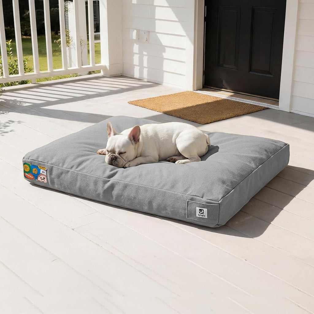 Sytopia 30 Inch Indestructible Dog Bed for Aggressive Chewers, Chew Proof Durable Outdoor Canvas Pet Crate Mat with Waterproof Washable Removable Cover, Indoor Patio Pet Pad for Crate, Light Grey