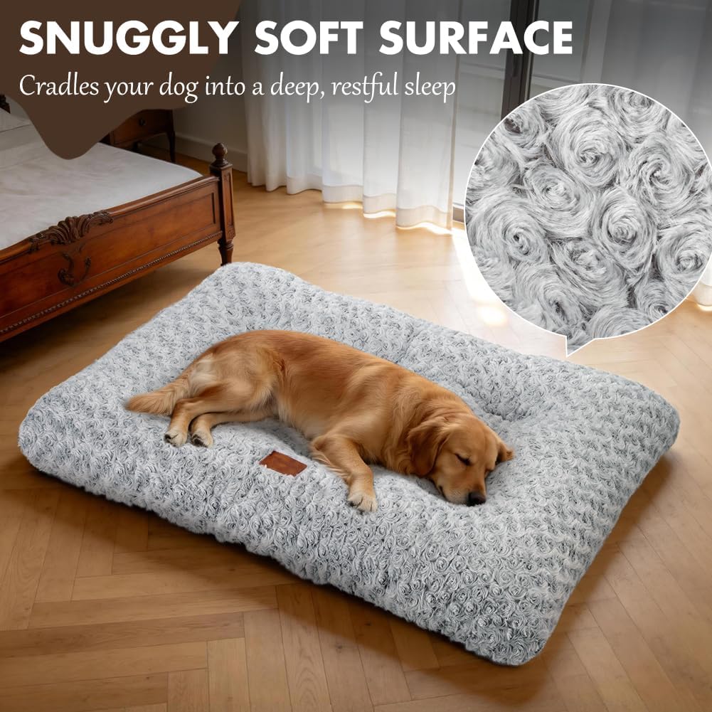 Dog Bed Crate Pad - Rosette Pattern White Velvet Pet Bed Anti-Slip Comfy Kennel Pad for Crates Rosette Grey XL