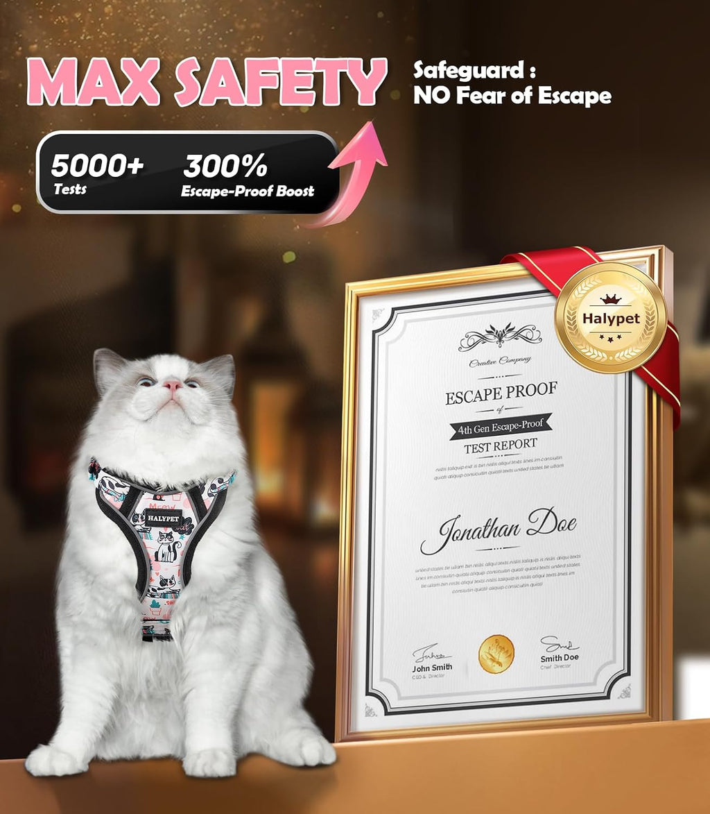 Halypet Cat Harness and Leash Set[MAX Safety 4th-Gen] Cute Escape Proof Vest Harness for Girl&Boy Cat Walking, Comfortable Adjustable Leash and Reflective Strips for Outdoor Kitten, S Inky Meowy