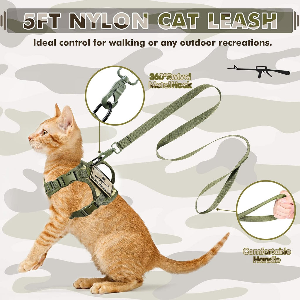 Tactical Cat Harness and Leash, Escape Proof Large Cat Walking Vest,Adjustable Soft Mesh Pet Vest Harness with Control Handle, Molle Patches