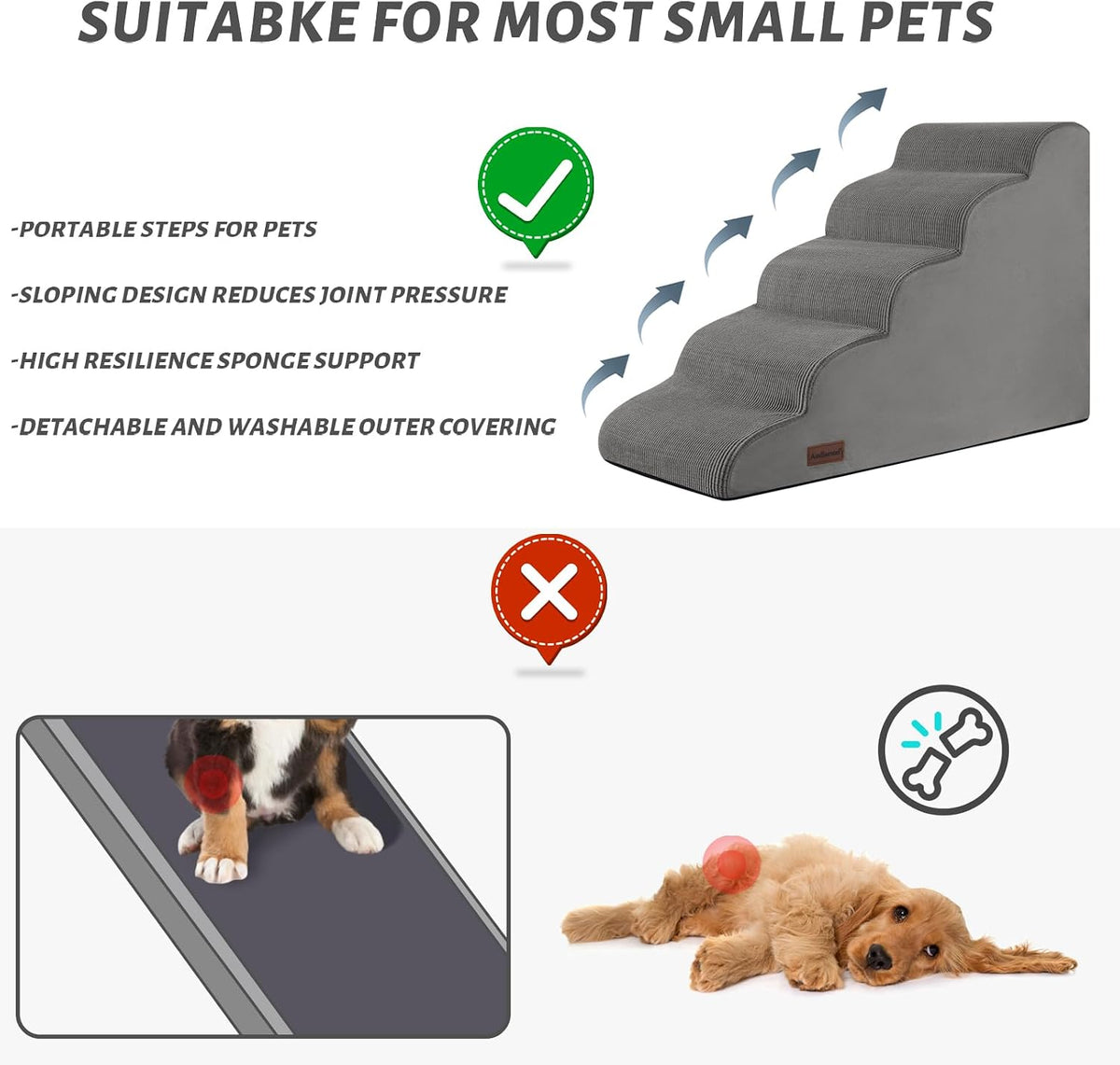 Aodisman Dog Stairs for High Bed,5-Step Pet Ramp for Small Dogs and Cats