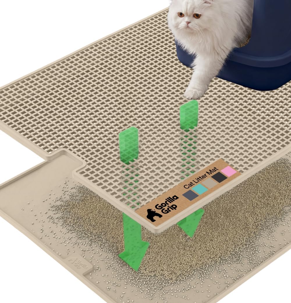 GORILLA GRIP Cat Litter Mat, Dual Layer Silicone Tray, 30x24, Beige