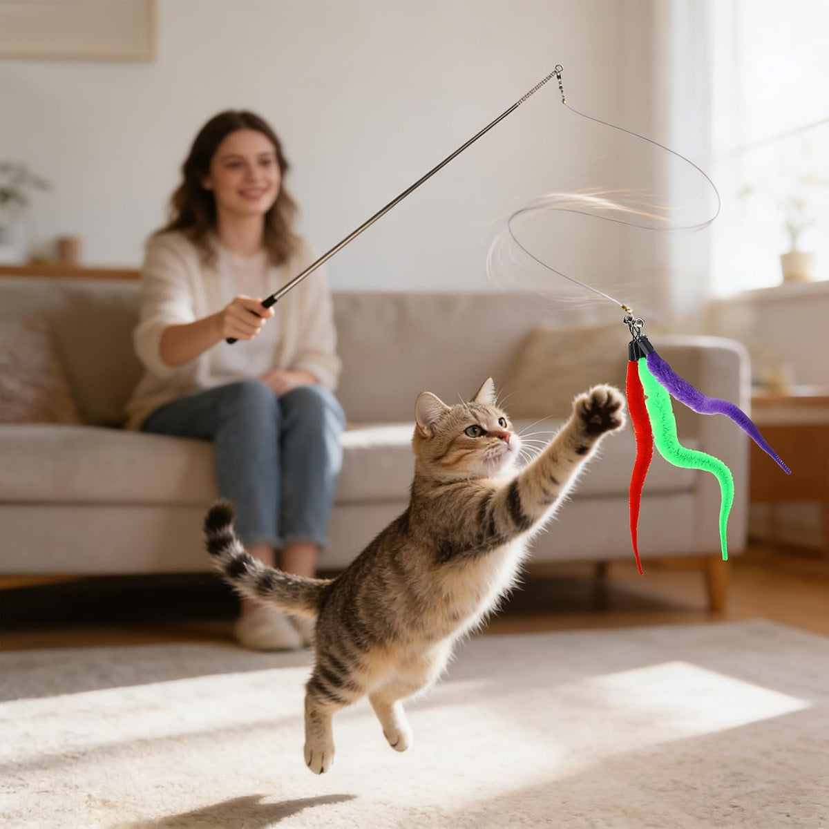 10 Pcs Cat Worm Toys, Colorful Interactive Cats Wand Attachment