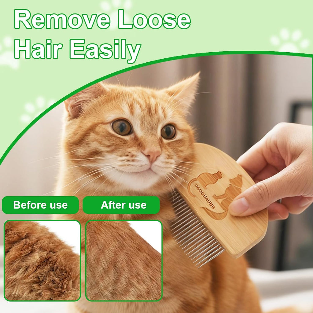 Pet Grooming Combs for Dogs Cats, 2 Pack Bamboo Combs with Wide Fine Teeth for Shedding, Detangling, Flea Removal and Daily Care