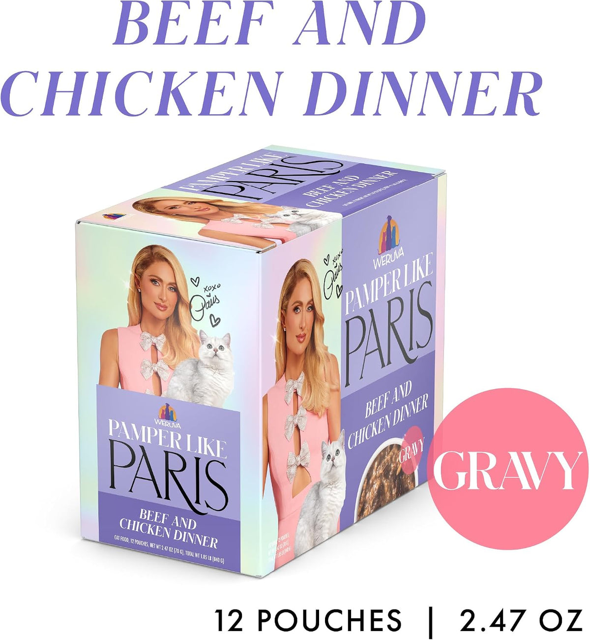 Weruva Paris Hilton Pamper Like Paris Wet Cat Food, Beef and Chicken in Gravy, 2.47oz Pouch, Pack of 12