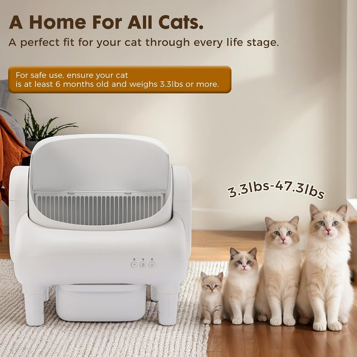 GTPLAYER Smart Cat Litter Box, Open-Top Self Cleaning Cat Litter Box with App Control, Safety Sensors, Large Capacity Waste Bin, Easy Maintenance, Automatic Litter Box for Multi-Cat Homes, White