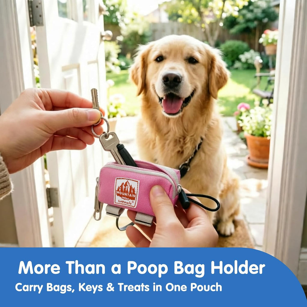 Dog Poop Bag Holder for Leash, Large-Capacity Canvas Pouch, Pink | Holds one bag roll, keys, treats, and small essentials with quick access, secure straps, and water-resistant canvas