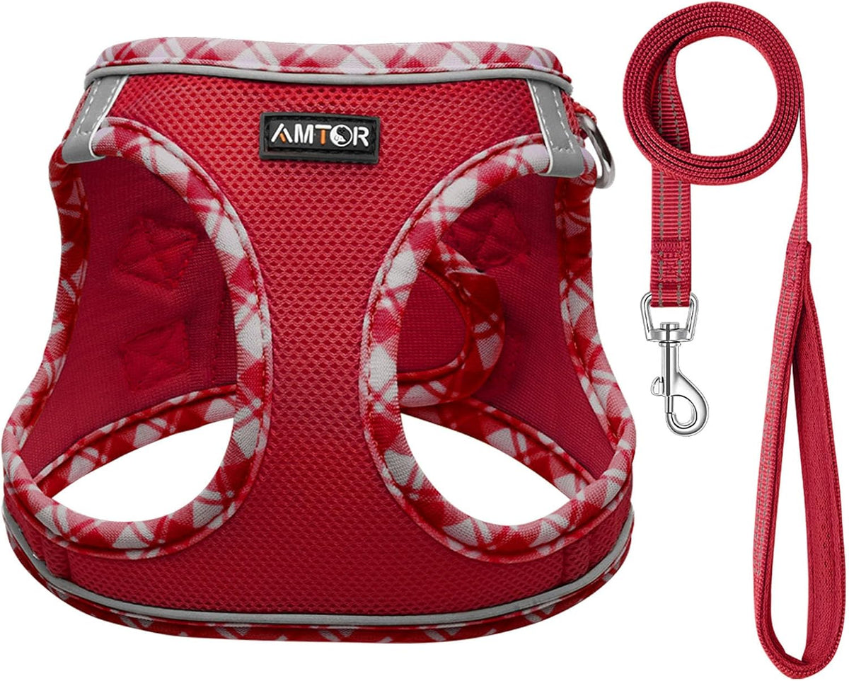 AMTOR Small Dog Harness with Leash Set, No Escape Easy Walk Puppy Harnesses for Training Walking, Step-in Reflective Soft Dogs Vest for XS S Medium Extra-Small Large Sized Dog(Red/White,XS)