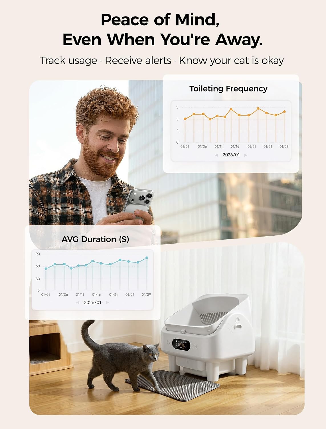 Open Top Self Cleaning Litter Box, Automatic Cat Litter Box for Multiple Large Cats with APP Control, 10 Safety Sensors, 6" LED Display, Quiet Odor Control, Trash Bags,Cat Stair, Litter Mat