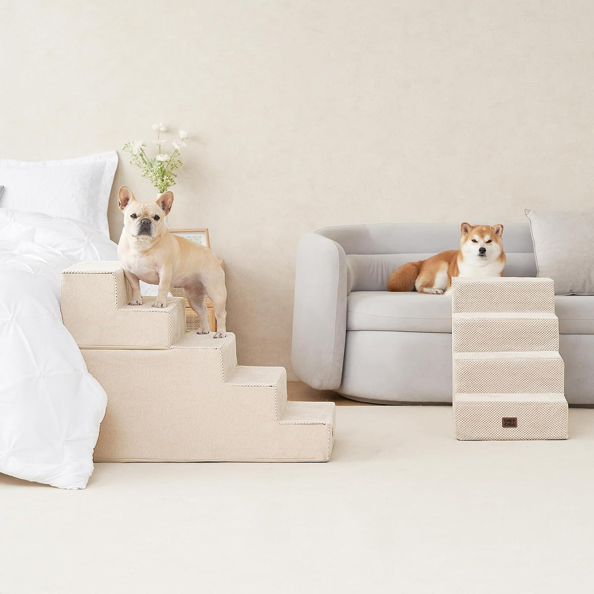 EHEYCIGA Dog Stairs for Bed 22.5" H, 5-Step Extra Wide Dog Steps, Beige