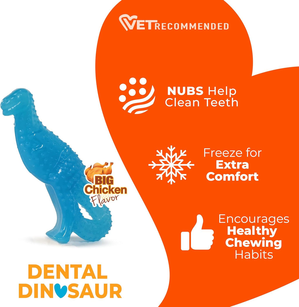 Nylabone Puppy Chew Dental Dinosaur Dog Chew Toy, Chicken Flavor, Small | Soothing teething toys for puppies, puppy enrichment & teething relief, freeze for added comfort, up to 25 lbs