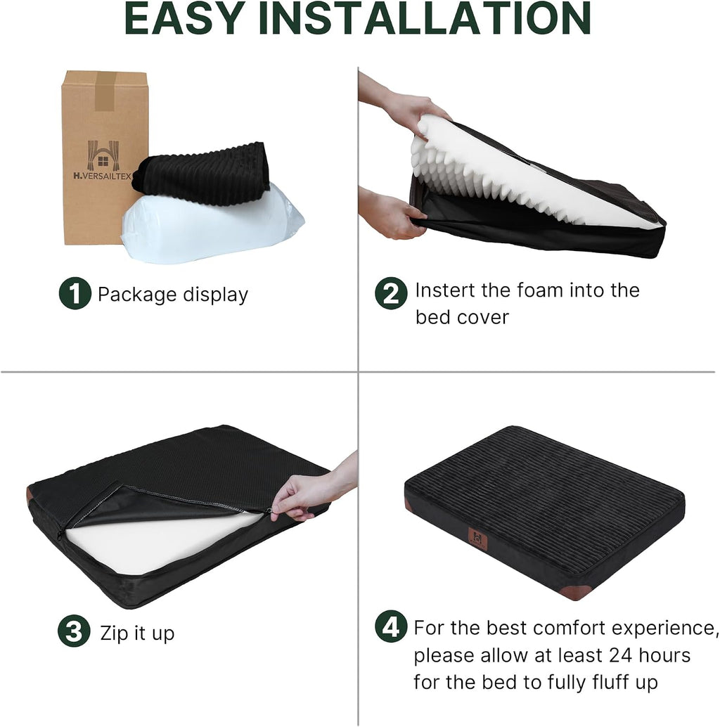 H.VERSAILTEX Waterproof Orthopedic Dog Bed for Crate, Black, 24"x16"x3.2"