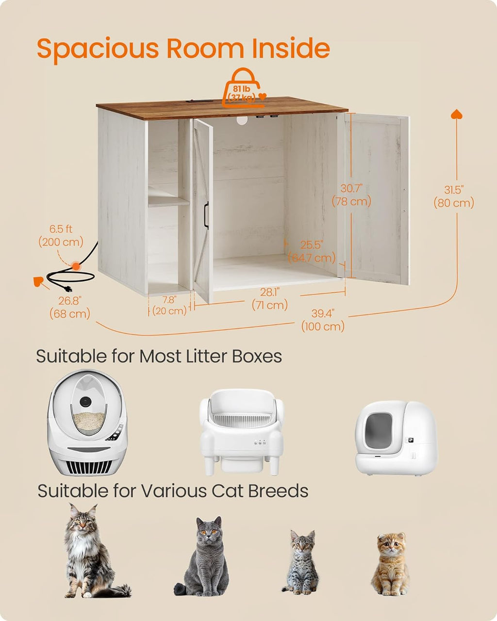 Feandrea Cat Litter Box Enclosure, Hidden Cat Washroom with Power Outlet | For Smart Litter Box, Barn Doors, 39.4 x 26.8 x 31.5 Inch, Rustic Brown and Honey Brown, HAINS Collection, UPCL052W201S
