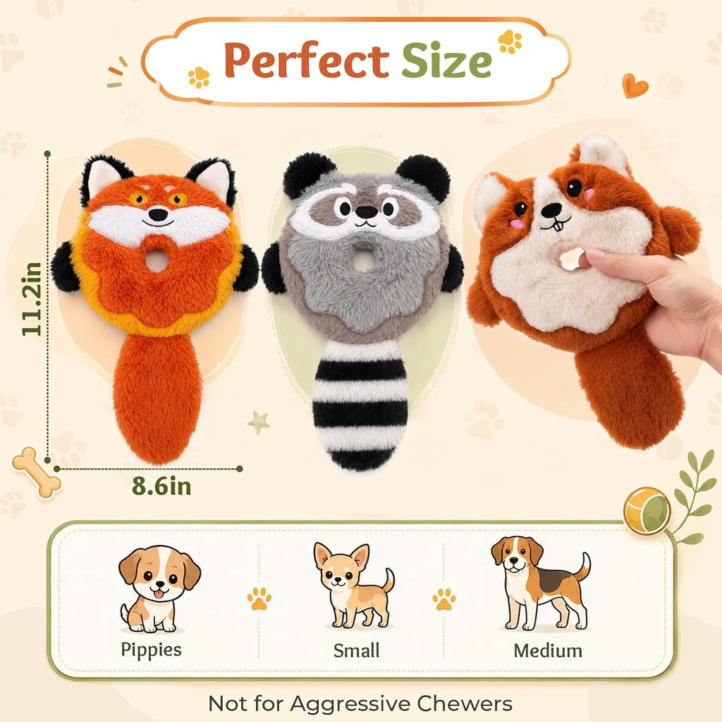 3-Pack Plush Squeaky Dog Toys with Crinkle Tails | Easy-Grip Open Center and Lightweight Design for Carrying, Shaking and Fetch, for Small Dogs & Puppies