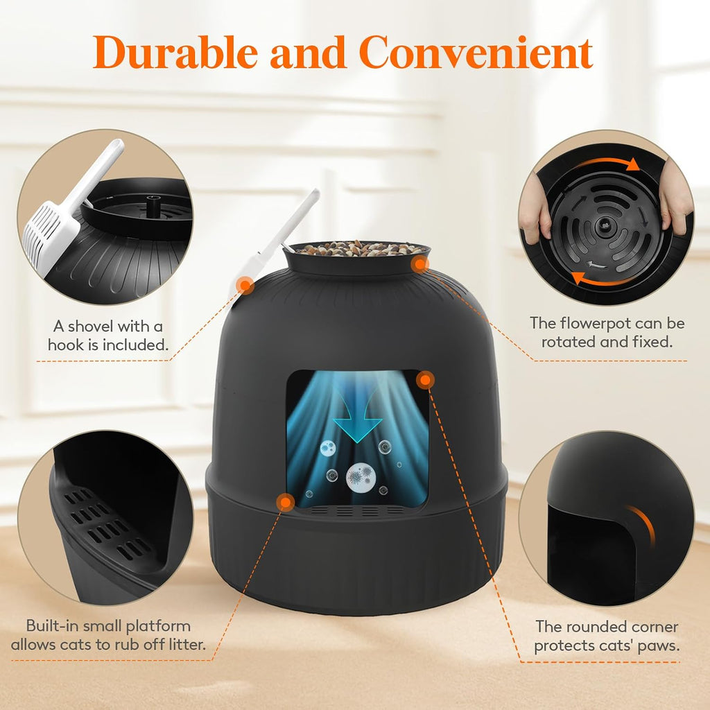 Lifewit Hidden Plant Cat Litter Box with Plastic Scoop, Black | Extra Large Enclosure Litter Tray with Carbon Filter& Odor Control, Aesthetic Cats Stuff for Living Room, Bathroom, Corner