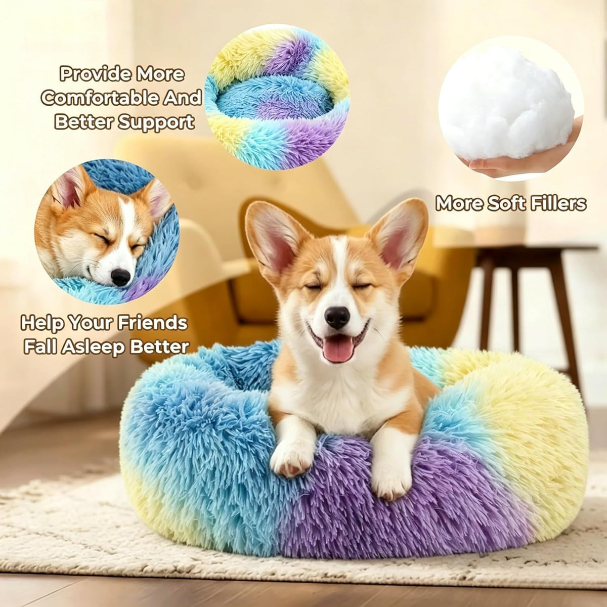 Calming Donut Dog Bed for Small Dogs, Anti-Anxiety Round Washable Plush Fluffy Faux Fur Large Cat Bed, 24 inches Fits up to 25 lbs Pets, Anti-Slip Waterproof Mute Base Rainbow