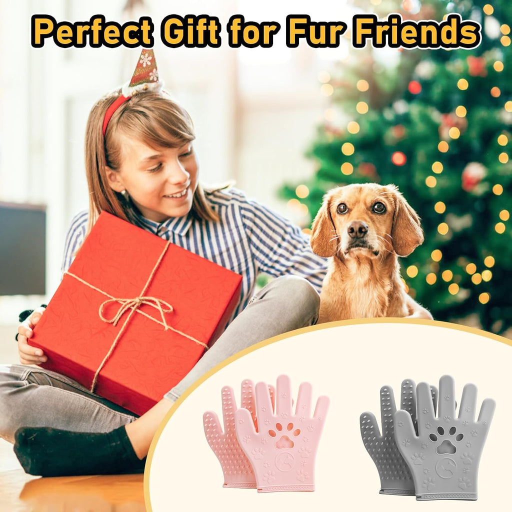Pet Hair Removal Gloves Grooming 2 Pair Pink & Grey