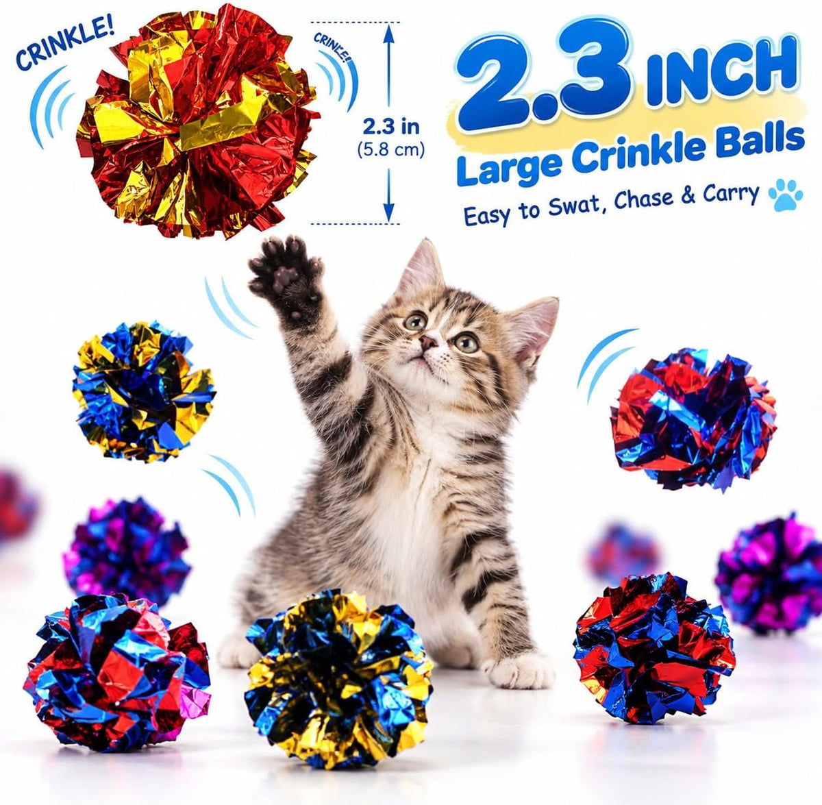 Cat Toys 20 Packs Interactive Crinkle Ball, 2.3 Inch Bright Colors Cat Ball Toys to Attract and Engage Cats, Promote a Healthy Lifestyle for All Breed Sizes Cats