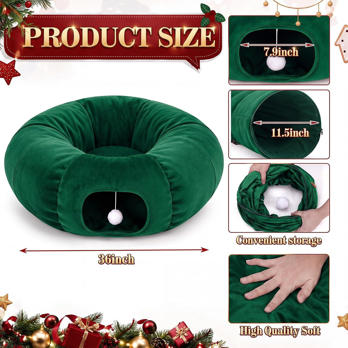 Christmas Tree Cat Tunnel 36 in Donut Bed, Green, Velvet, Fluffy