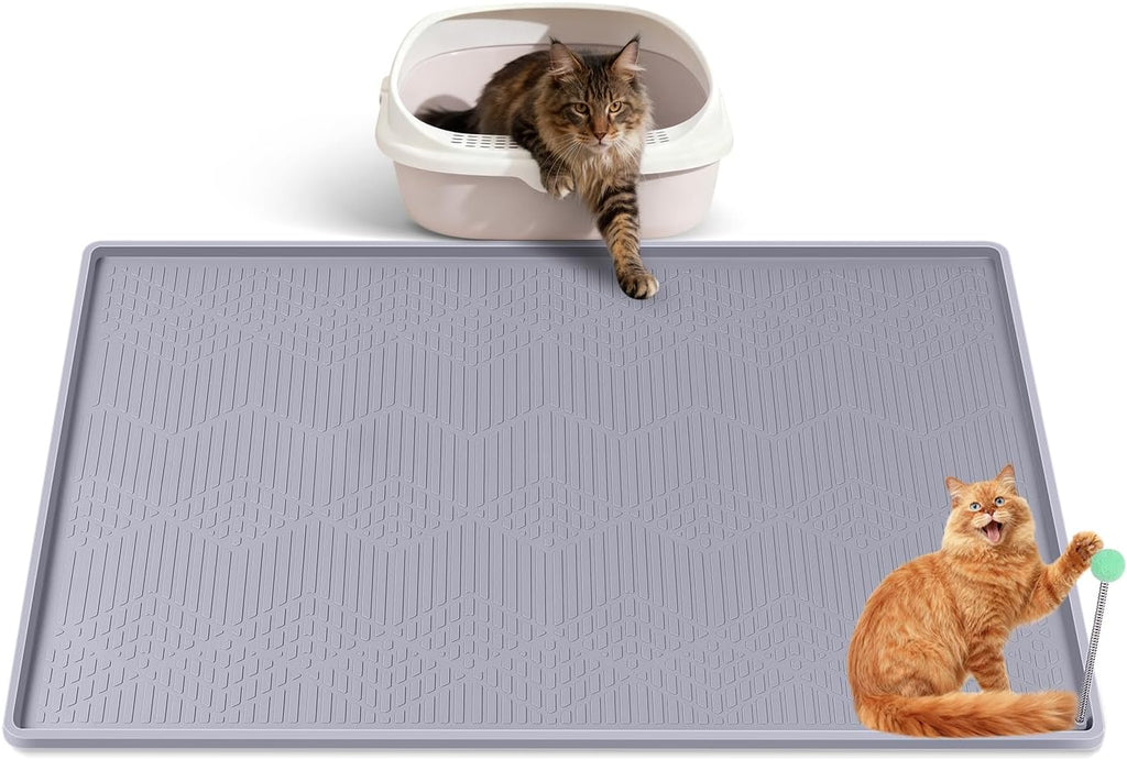 Silicone Cat Litter Box Mat 34'' x 22'' Cat Mat with Toy, Grey