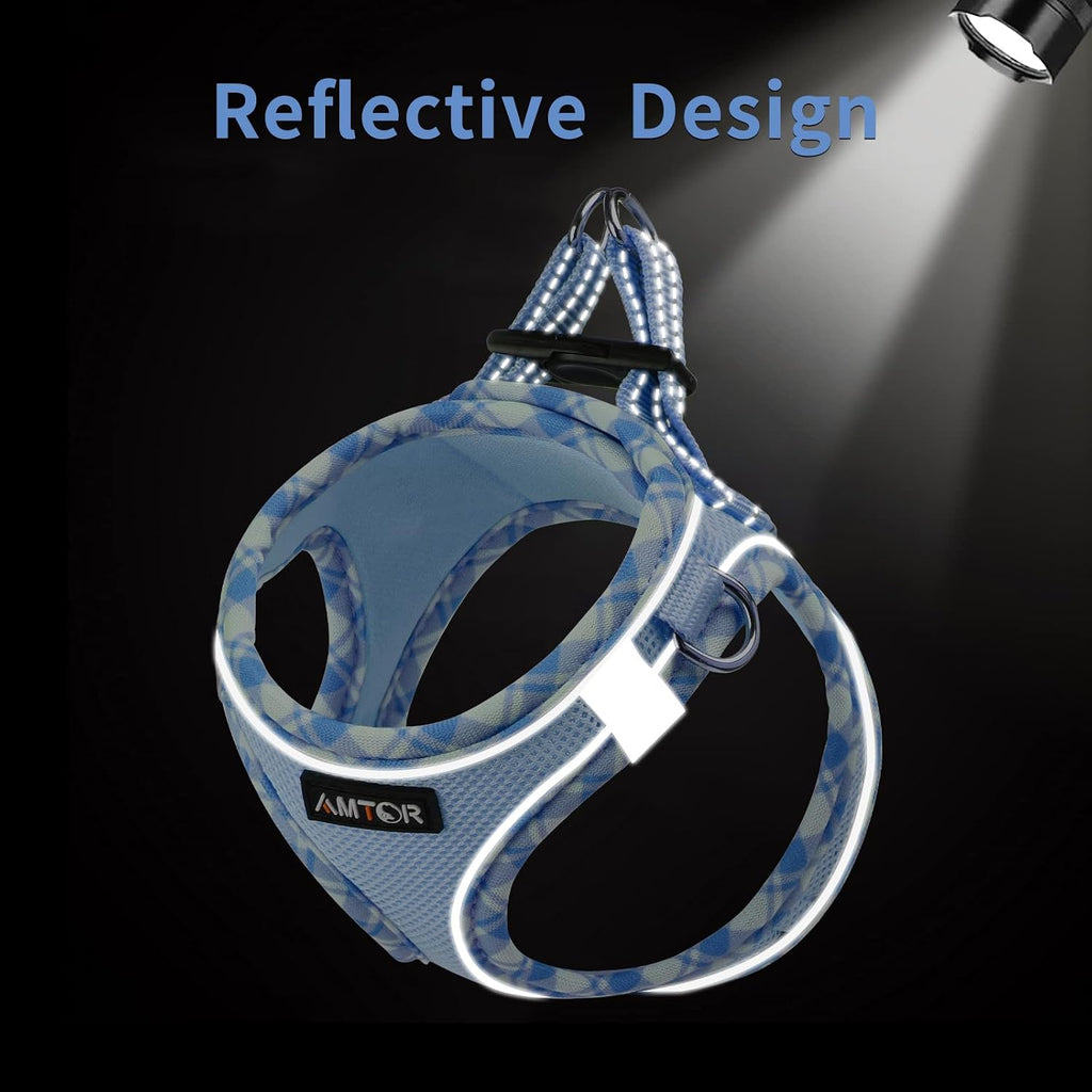 AMTOR Small Dog Harness with Leash Set, No Escape Easy Walk Puppy Harnesses for Training Walking, Step-in Reflective Soft Dogs Vest for XS S Medium Extra-Small Large Sized Dog(Blue/White,XXS)