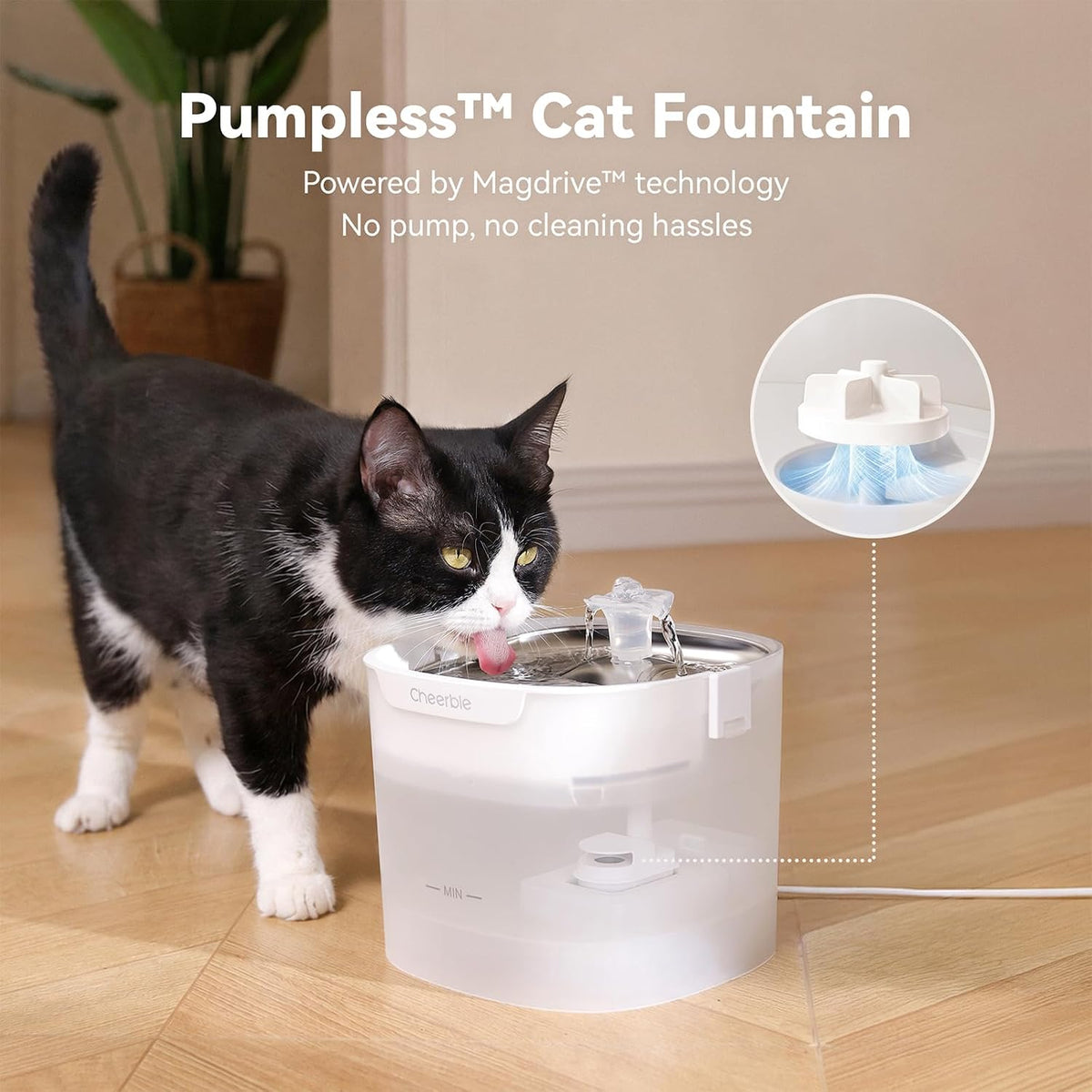 Cheerble Elfin E1S Pumpless Cat Water Fountain, 2L/67oz, 304 Food-Grade Stainless Steel Tray, 3-Layer Filter, BPA-Free Automatic Pet Water Dispenser for Indoor Cats