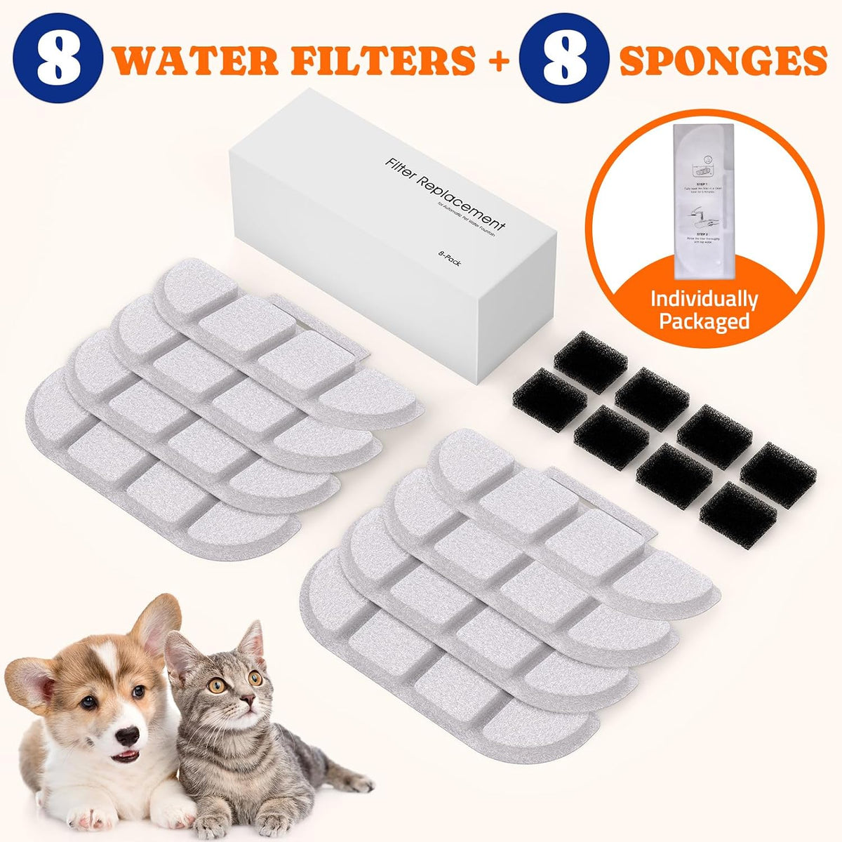 Pawtners 8 Packs Replacement Filters for WF008A 4L Cat Water Fountain