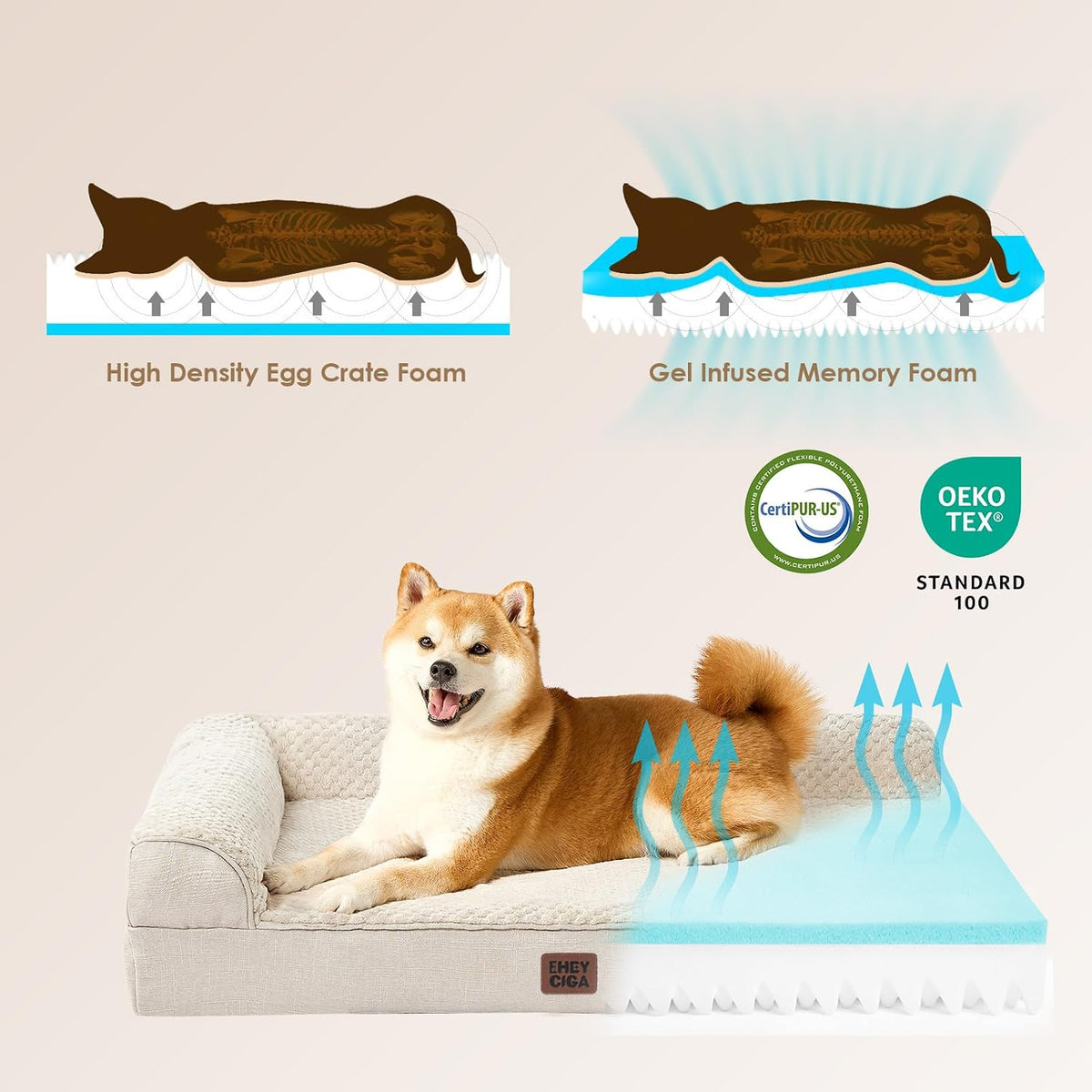 EHEYCIGA Extra Large Dog Bed Othorpedic, Memory Foam XL Dog Bed with Washable Removable Cover, Waterproof Pet Sofa Couch XLarge Size Dogs with Nonskid Bottom, 44x32x6.5, Beige