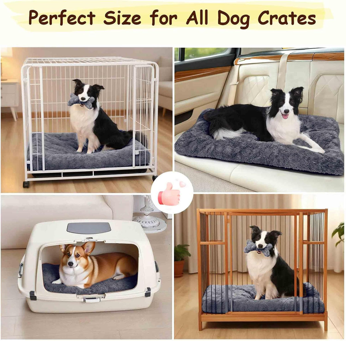 Washable Dog Bed for Small to Large Dogs, Calming Anti Anxiety Medium Dog Bed, Deluxe Plush Faux Fur Crate Beds, Comfy Fluffy Kennel Pad Pet Mat with Non-Slip Bottom, 41"x27", Dark Grey
