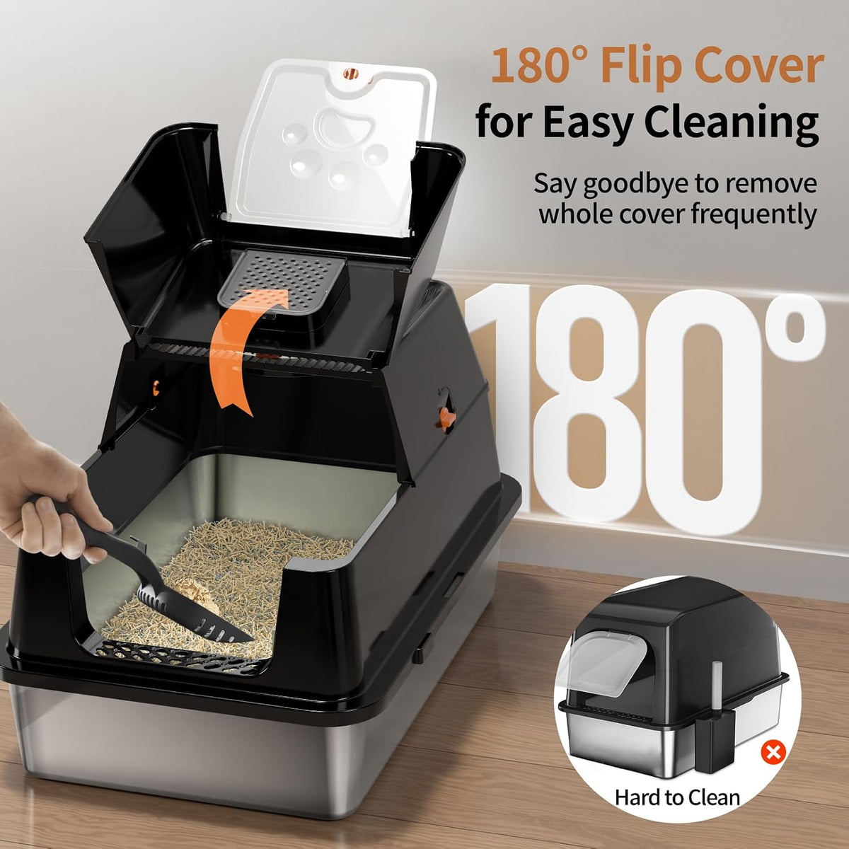 Stainless Steel Cat Litter Box with Lid, Flip-Top XL Large, Black