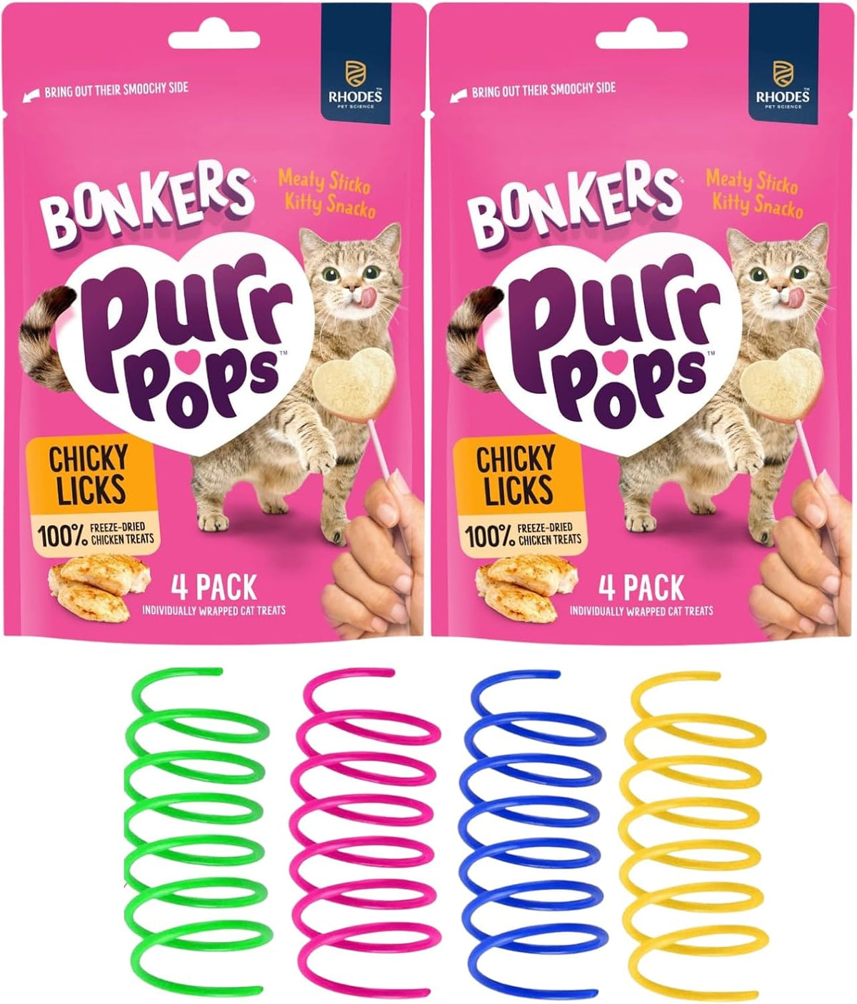 BONKERS Purr Pops Chicky Licks Freeze-Dried Cat Treats, 4-Count, 2 Packs with Cat Spring Toys