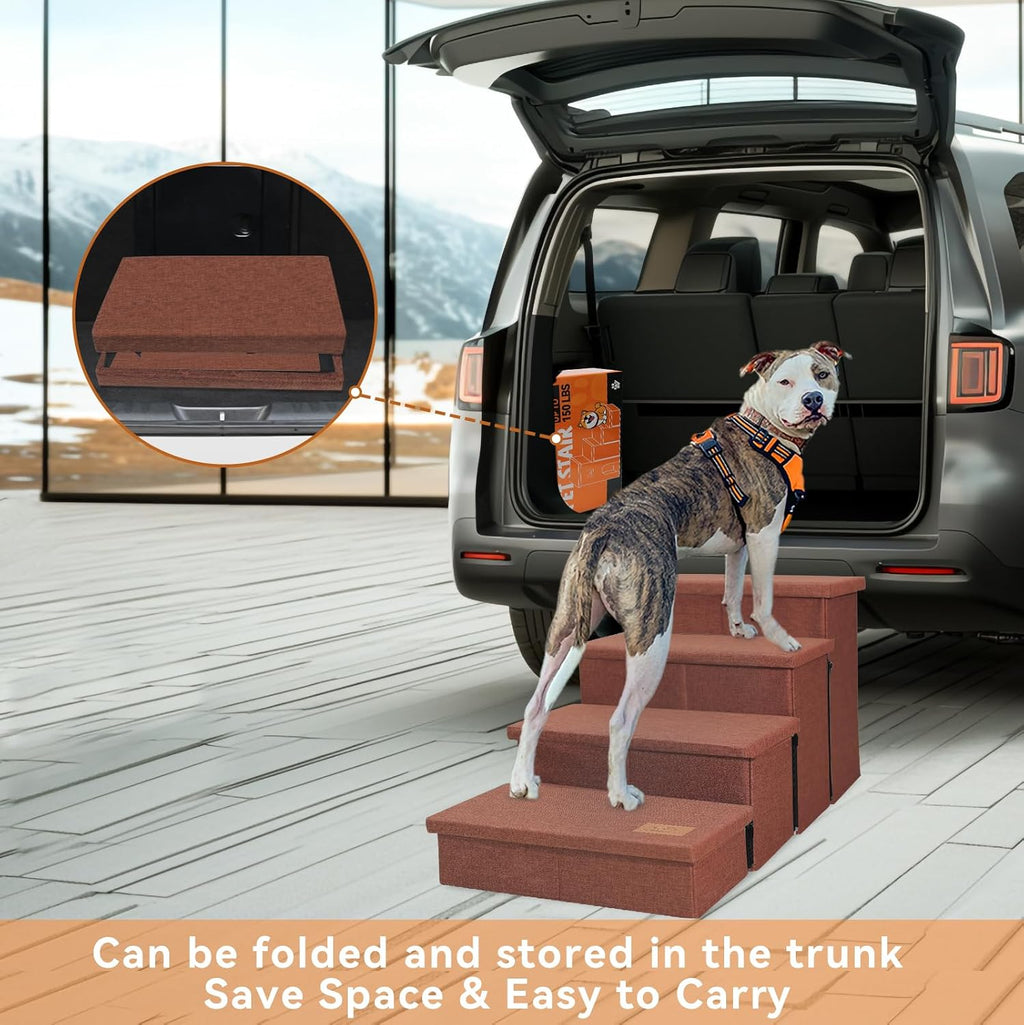 Zerbuger Dog Stairs with Storage, Brown 4 Steps Dog Ramp with Condo for Bed