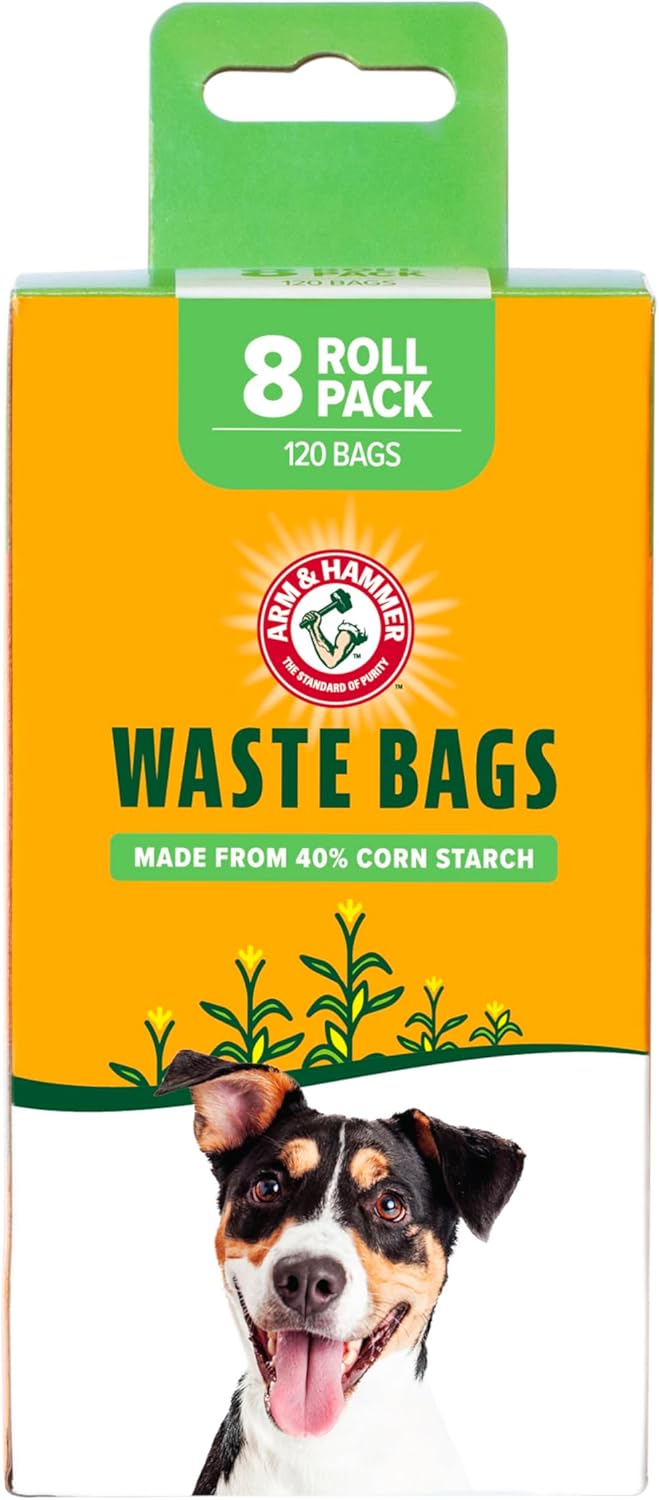 Arm and Hammer Plant Based Dog Poop Waste Bags, 120 Count, Green | With Activated Baking Soda, 9 x 14 In