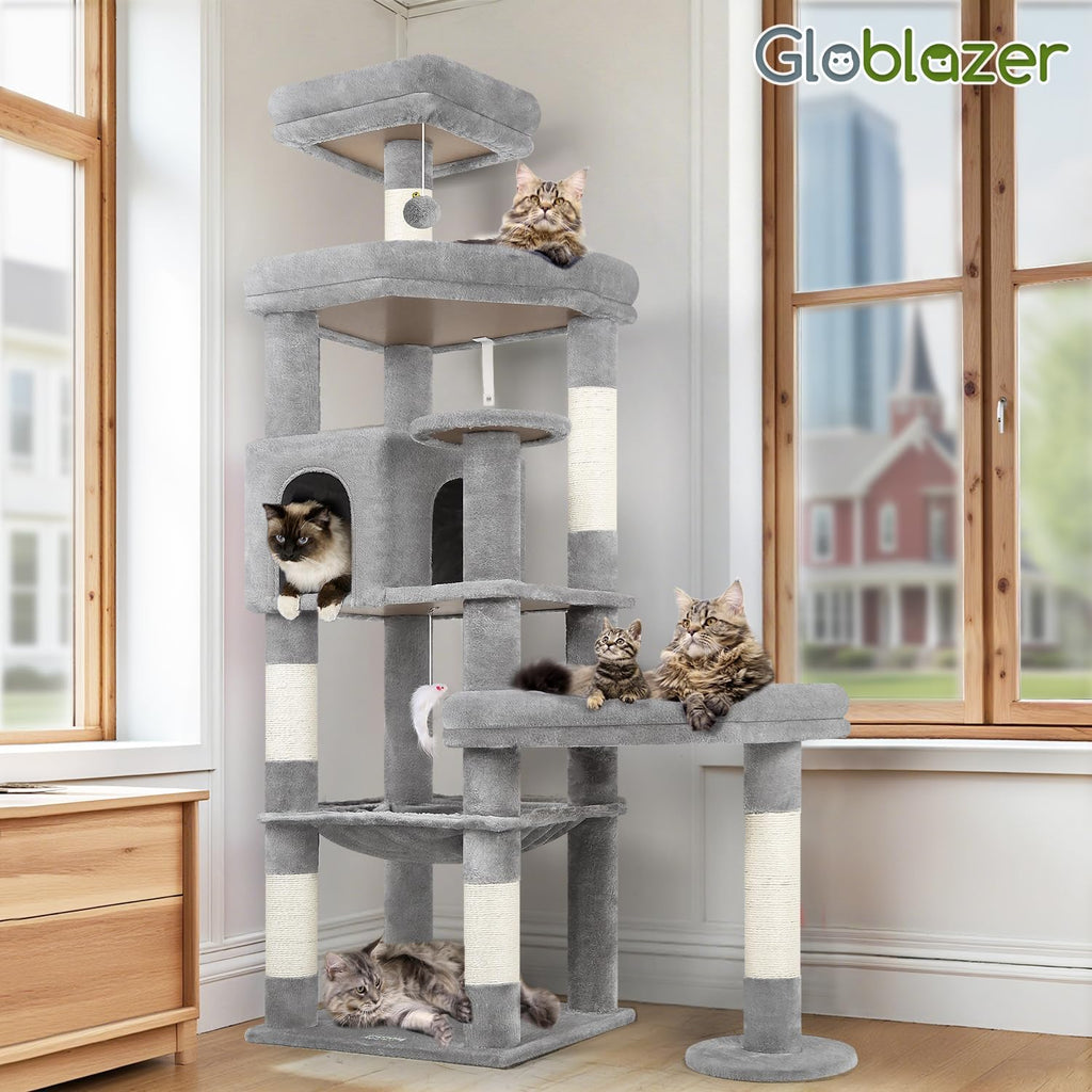 Globlazer 65in Sturdy Cat Tree Tower for Indoor Large Cat, S65, Light Grey