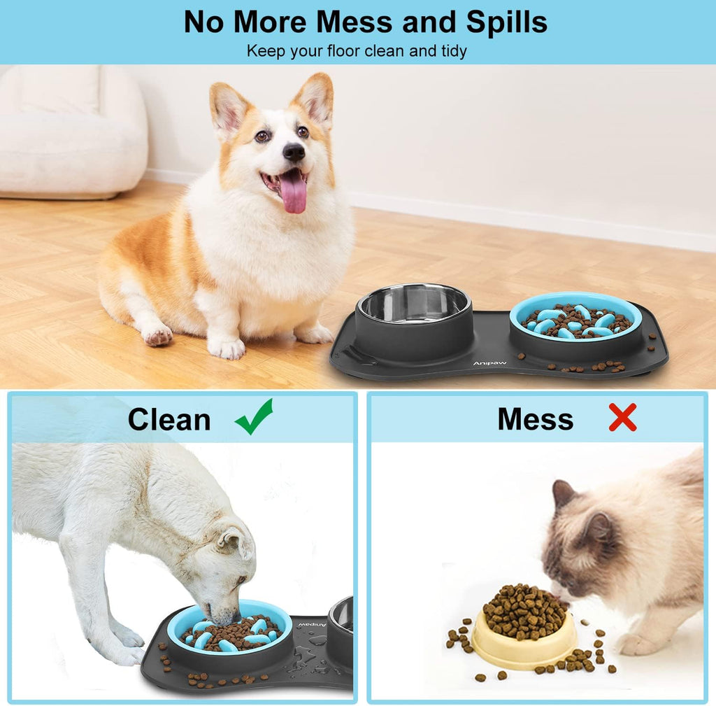 Slow Feeder Dog Bowls 3 in 1 Stainless Steel Food Water Bowl to Slow Eating | Durable, Non-spill & Non-skid with Silicone Mat Design, Slow Down Eating, Suitable for Small Medium Large Dogs and Cats 