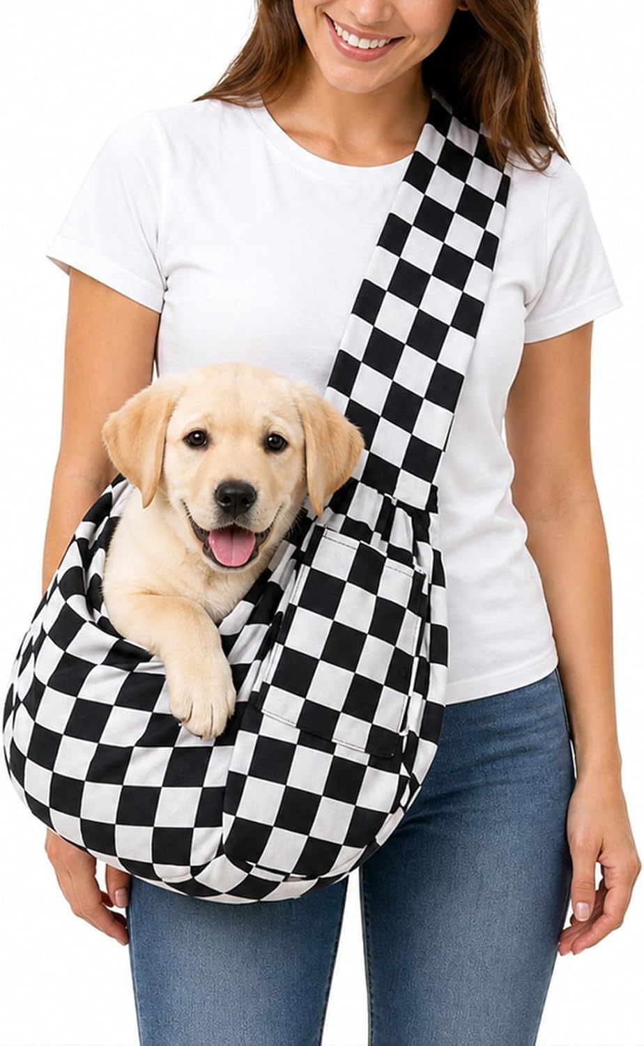 Dog Sling Carrier for Small Dogs and Cats 5–16 lbs, Puppy Carrier Sling with Safety Hook and Storage Pocket, Hands Free Pet Carrier Purse for Travel, Walking, Shopping (Ebony Check)