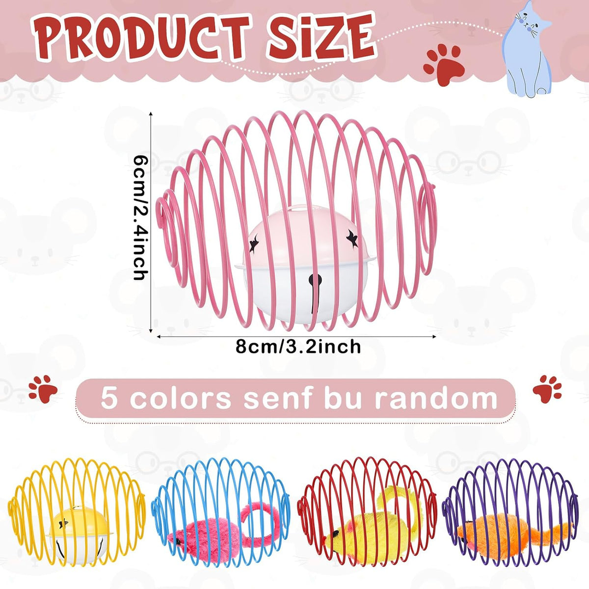 Jecery 5 Pcs Cat Toys Spring,Mouse and Bell,Multicolor