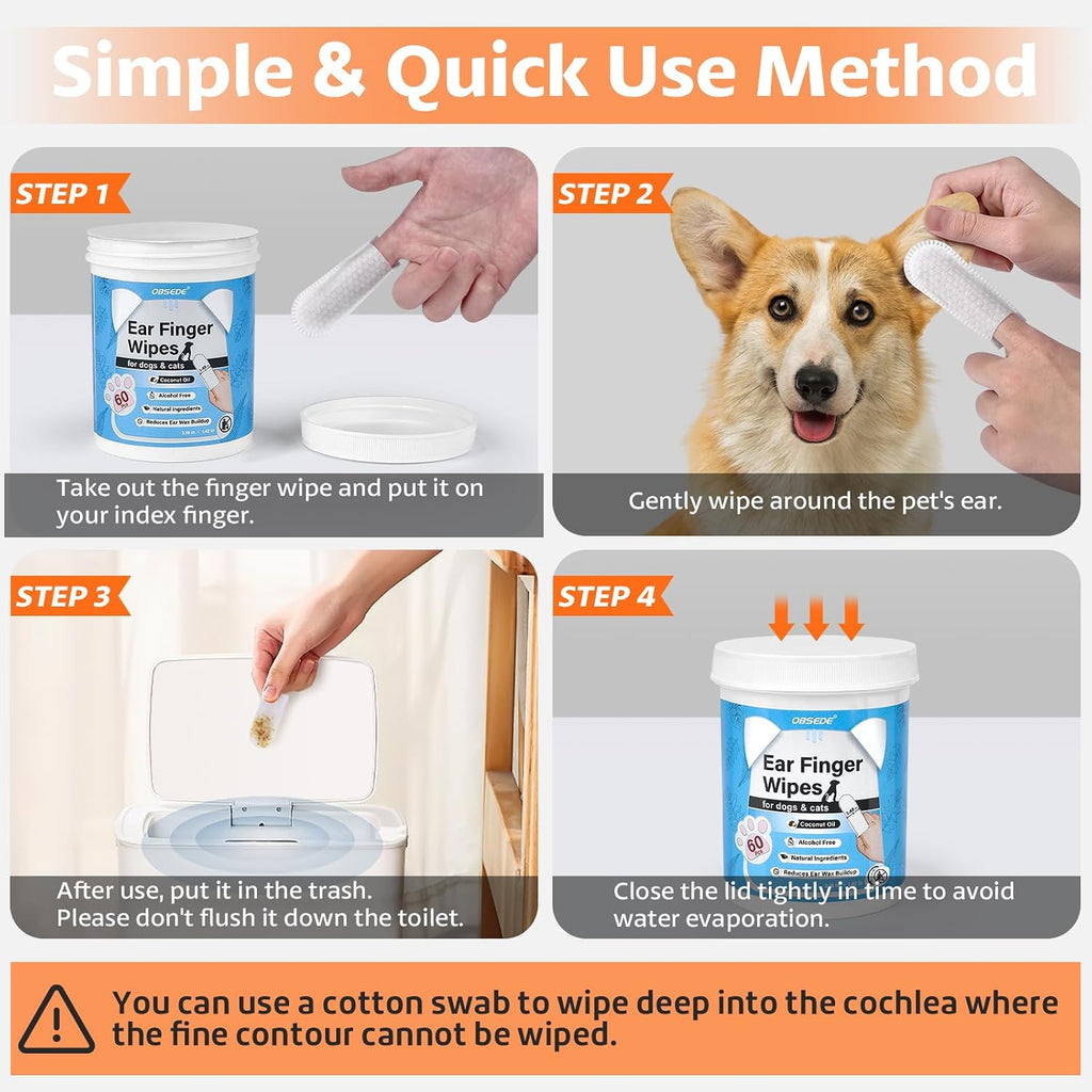 OBSEDE Dog & Cat Ear Cleaner Wipes, 60 Ct Finger Wipes for Pet Grooming