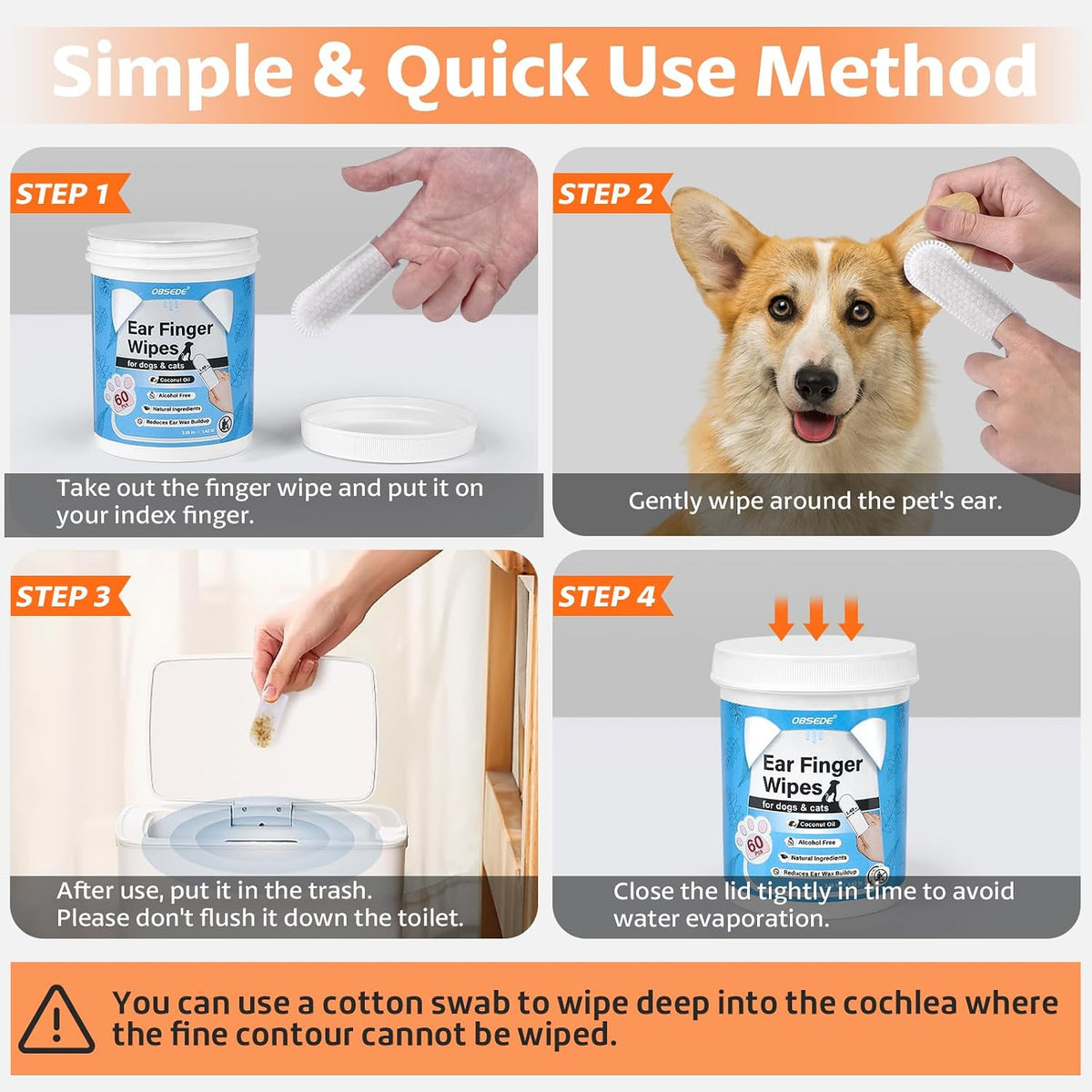 OBSEDE Dog & Cat Ear Cleaner Wipes, 60 Ct Finger Wipes for Pet Grooming