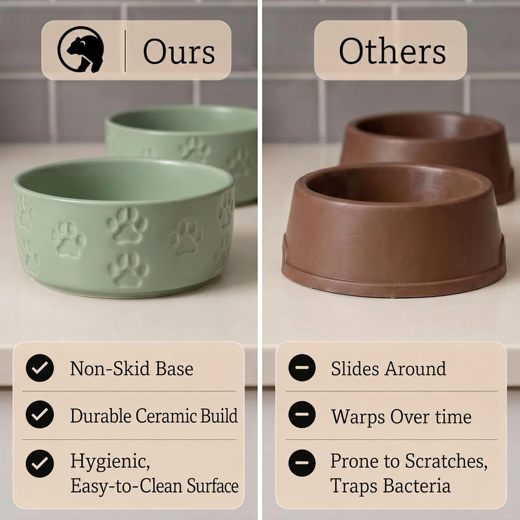 Ceramic Dog Bowl Set of 2 with Anti-Skid Base, 5.5"W x 2"H, 2 Cup Capacity