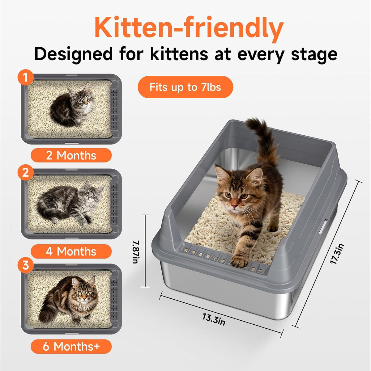 Stainless Steel Cat Litter Box Low Entry Litter Pan Include Scoop | Odor Free Metal High Sides Lid Open Top Easy Cleaning Anti-Scratc Anti-Urine Leakage Non-Sticky