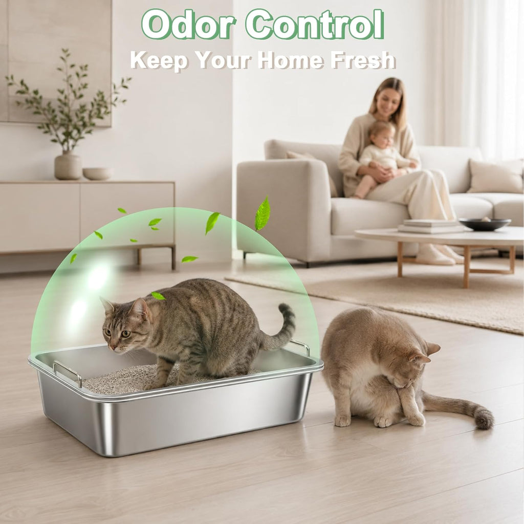 Stainless Steel Sifting Cat Litter Box for Clumping Clay Litter with High-Speed Sifting System, Large Metal Litter Box with 2 Replaceable Bottom Pans, Odor Control，Easy Clean (19.7"x13.7"x5.9")