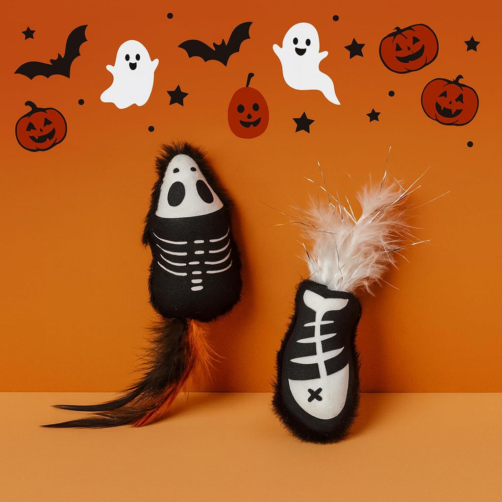 Halloween Cat Toys – 2-Pack Interactive Plush Fishbone and Mouse Bone Catnip Toys with Feather Tails for Indoor Cats