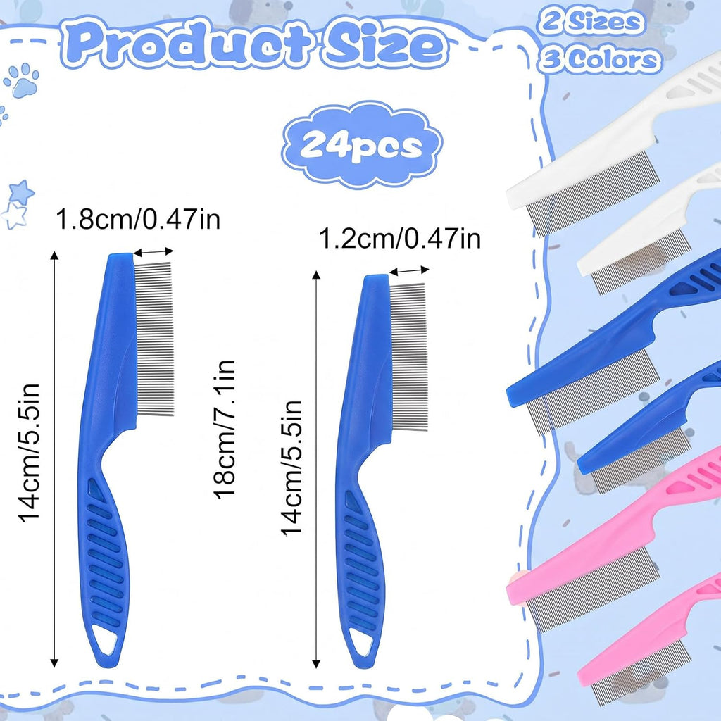 24 Pcs Flea Comb for Cats and Dogs, Stainless Steel Metal Teeth Detangling Grooming Tool, 12 Large 12 Small, White Pink Blue, 2 Sizes