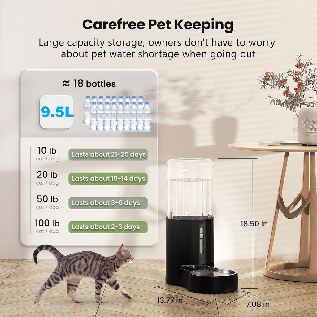 CZPET Gravity Dog Water Bowl Dispenser, Wider Mouth (9.5L+Filter,Black)