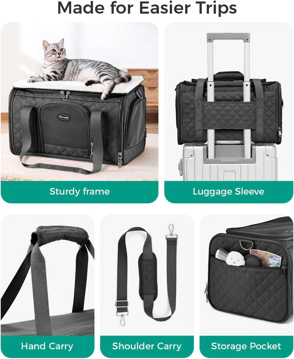 Cat Carrier Airline Approved, Soft Pet Carrier, 17x11x9.5 in, Black