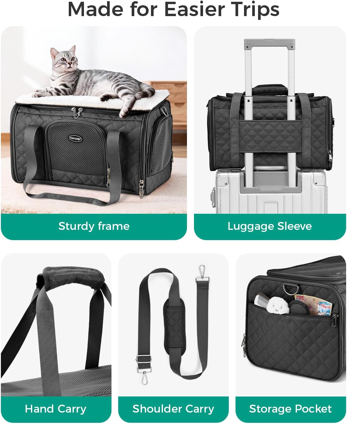 Cat Carrier Airline Approved, Soft Pet Carrier, 17x11x9.5 in, Black