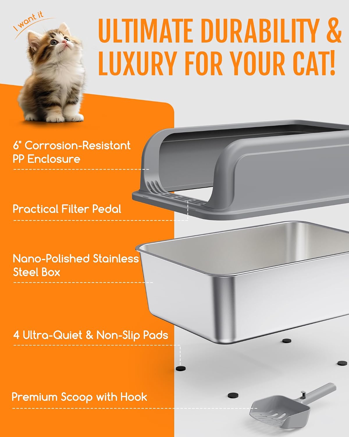 Powools Stainless Steel Cat Litter Box, High-Sided, Grey, XXL (1 Pack) | Metal Litter Box with Scoop, Anti-Leakage Top Entry, Non-Sticky, Easy to Clean, 8-Inch Splash-Proof Deep Pan